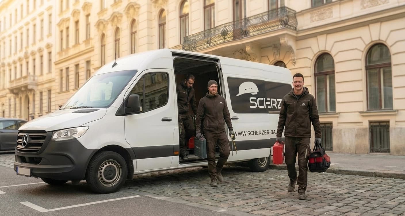 Scherzer Bau Team vor Transporter